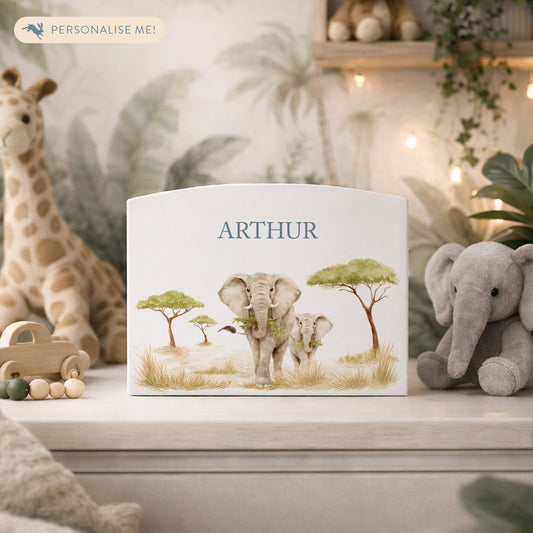 Safari themed babies money box, Featuring mum and baby elephant in a water colour theme. 