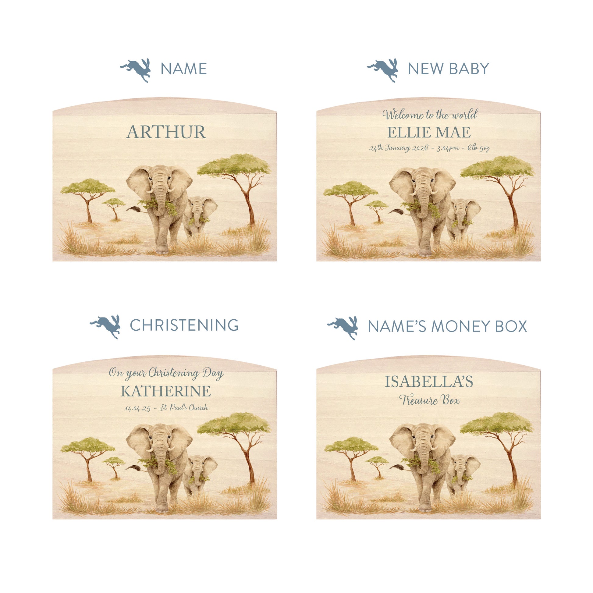 Mummy and Baby Elephant safari design in a water colour design, the perfect money box for your little savers. Newborn, birthday and christening gift. 