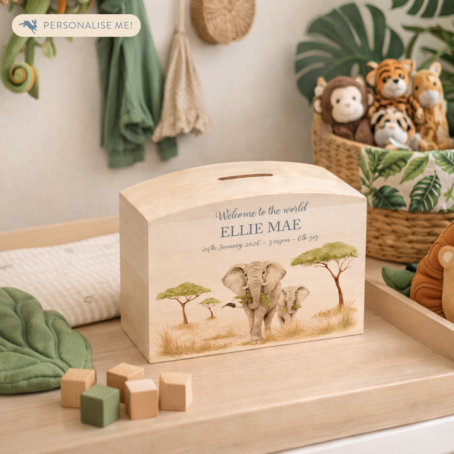 Mummy and Baby Elephant design in a water colour design, the perfect money box for your little savers. Newborn, birthday and christening gift. 