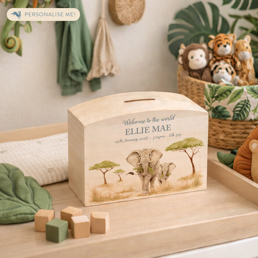Mummy and Baby Elephant design in a water colour design, the perfect money box for your little savers. Newborn, birthday and christening gift. 