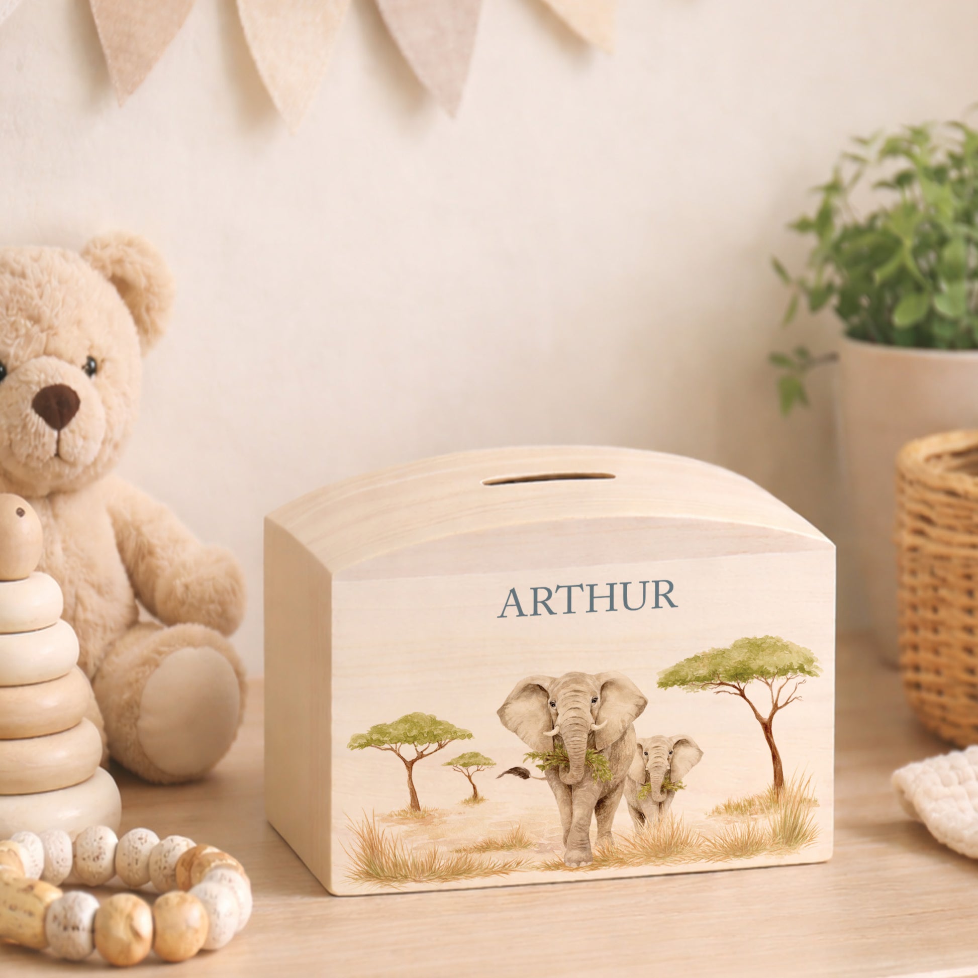 Mummy and Baby Elephant safari design in a water colour design, the perfect money box for your little savers. Newborn, birthday and christening gift. 