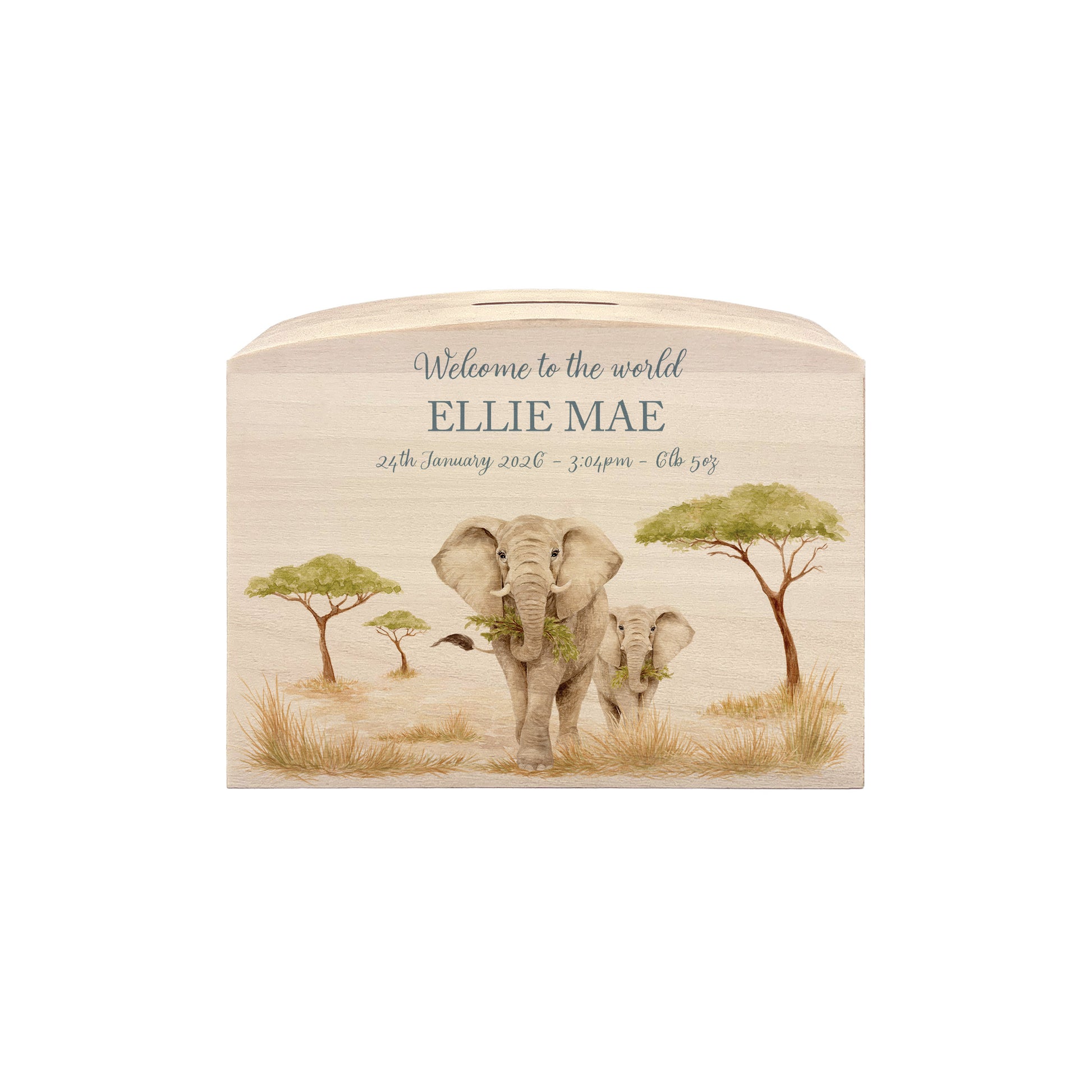 Mummy and Baby Elephant safari design in a water colour design, the perfect money box for your little savers. Newborn, birthday and christening gift. 