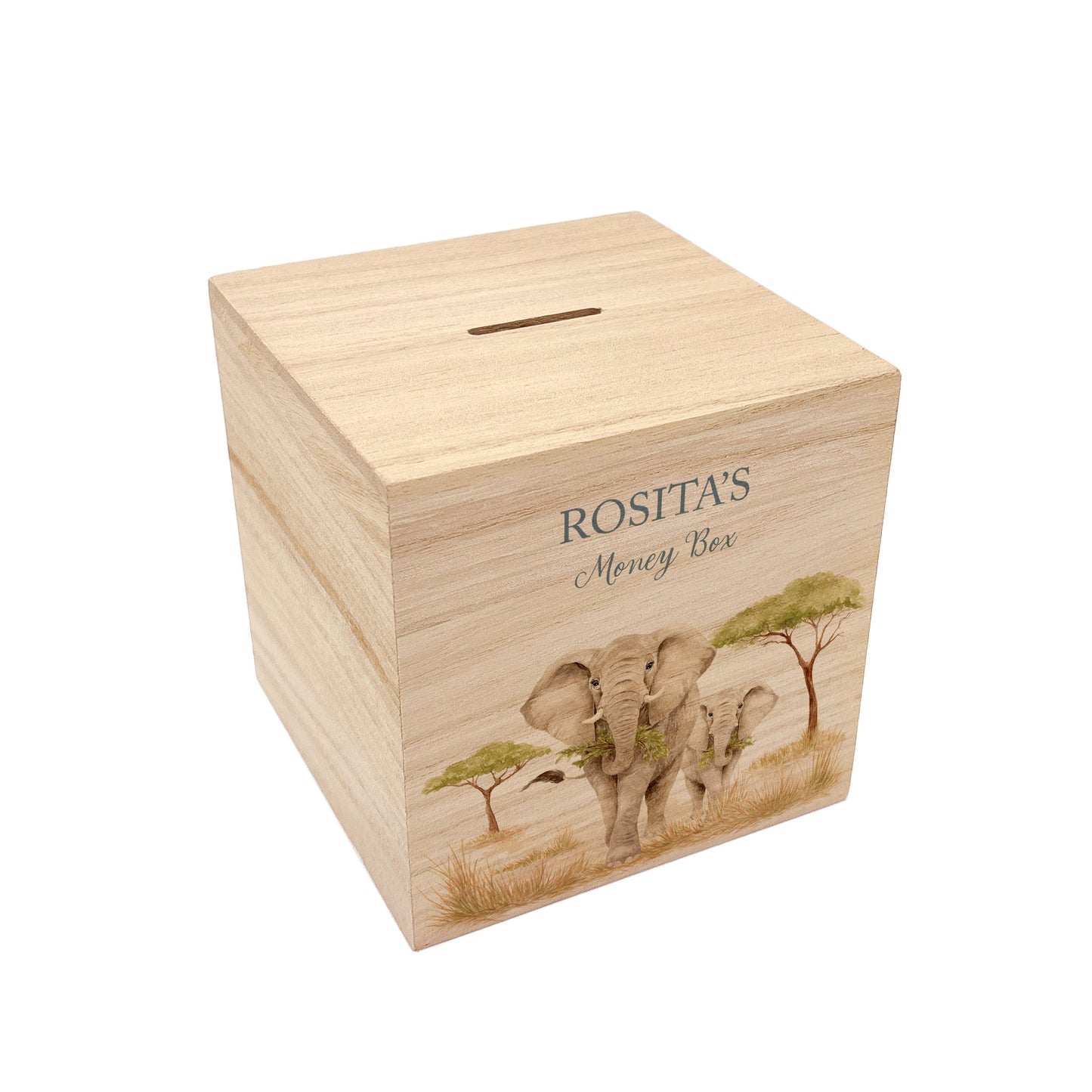 handmade personalised nursery money box with soft watercolour artwork, mummy and baby elephant strolling through the Savanah