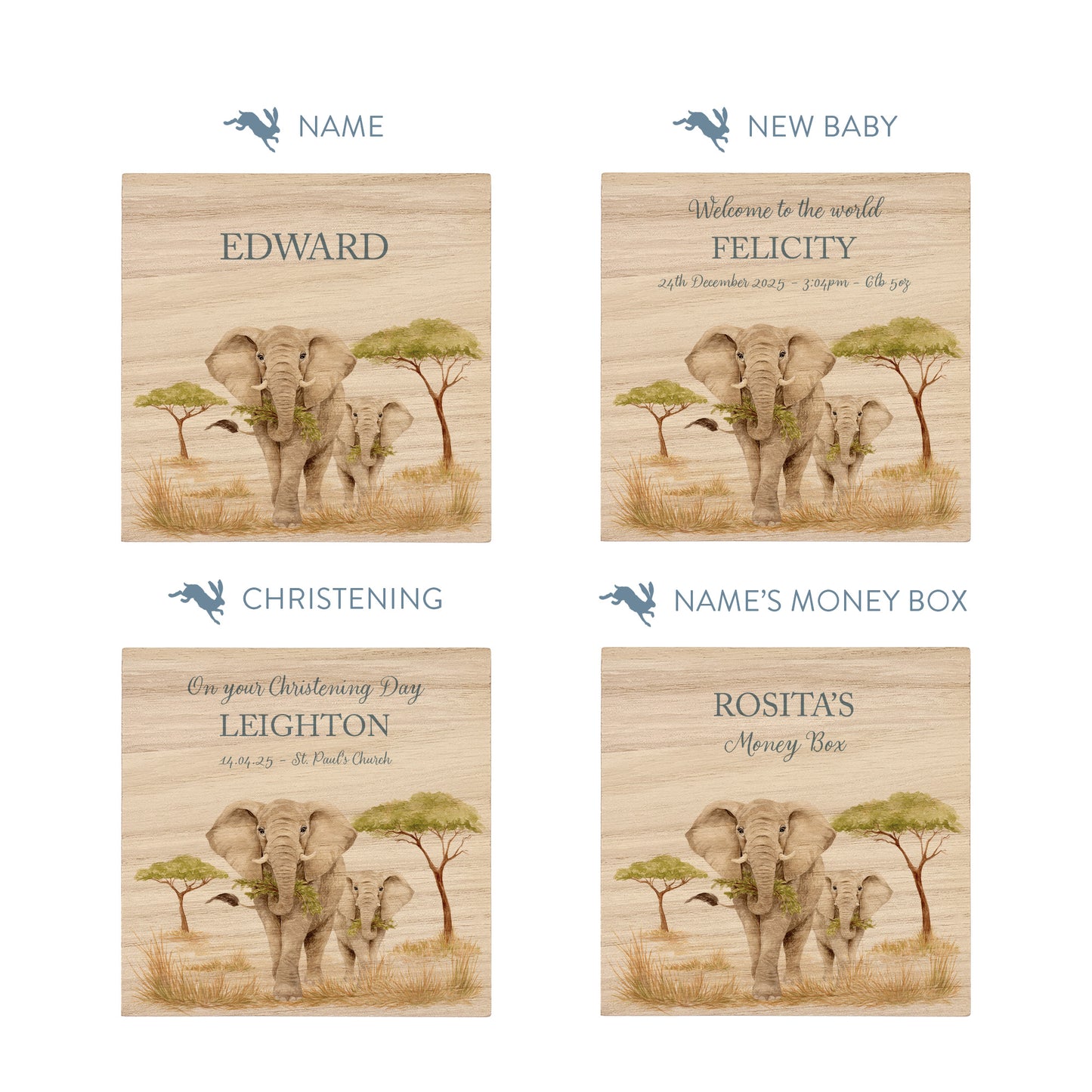 handmade personalised nursery money box with soft watercolour artwork, mummy and baby elephant strolling through the Savanah