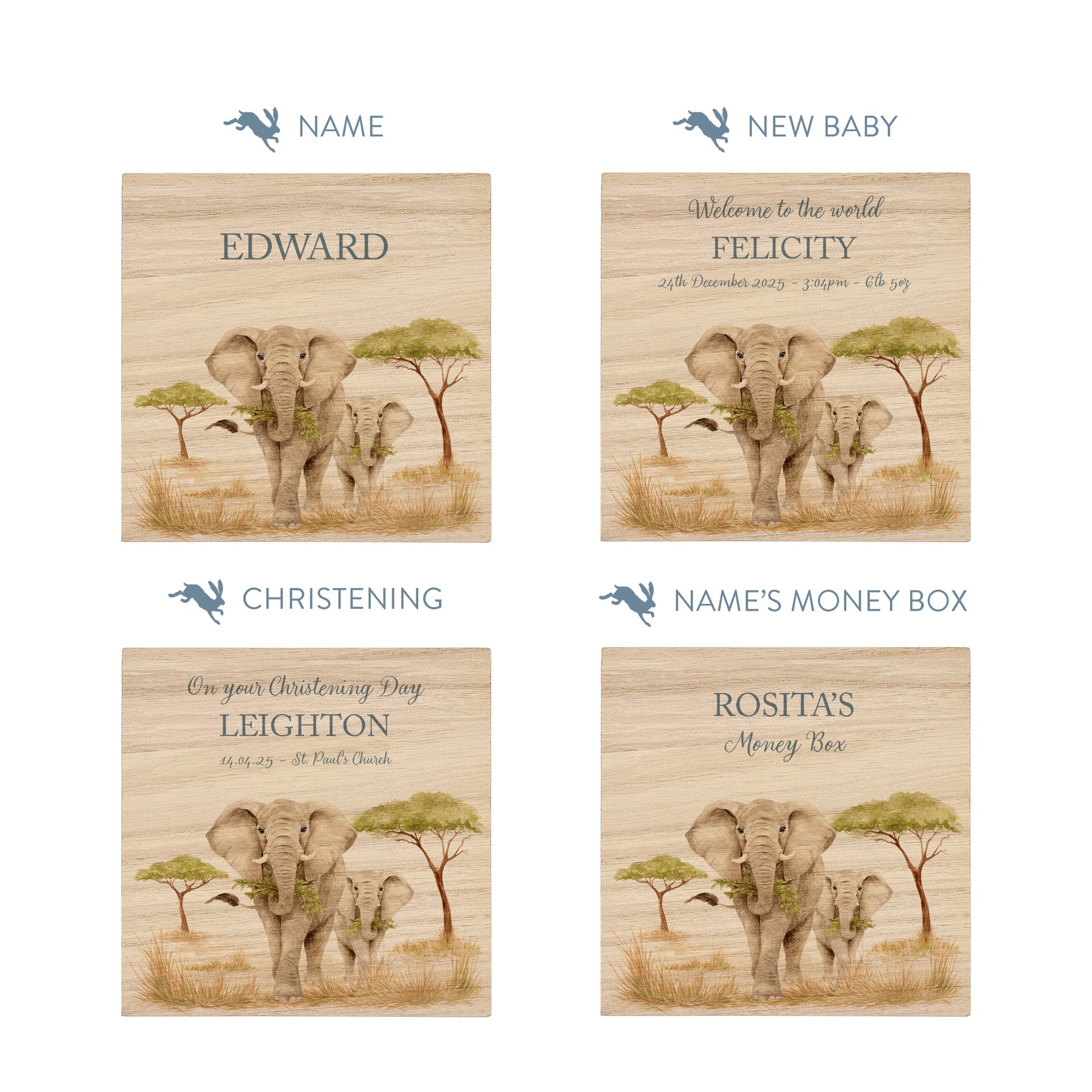 handmade personalised nursery money box with soft watercolour artwork, mummy and baby elephant strolling through the Savanah
