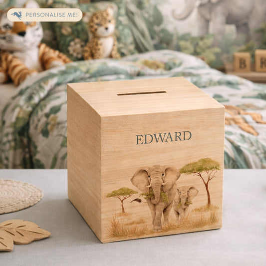 handmade personalised nursery money box with soft watercolour artwork, mummy and baby elephant strolling through the Savanah