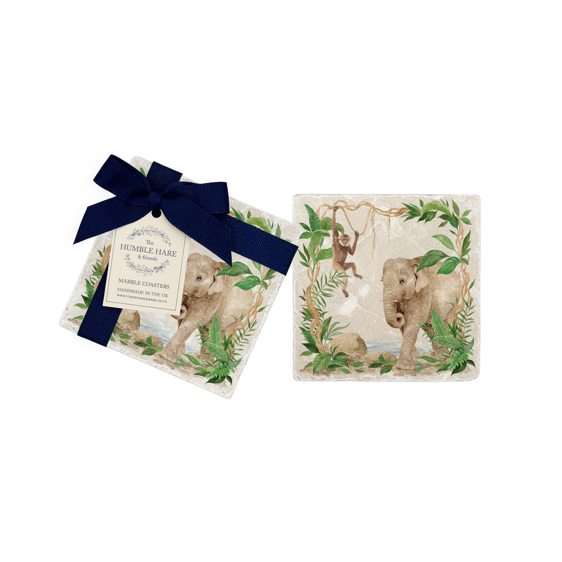 Welcoming our Rainforest Design, surrounded by the rainforest leaves and vines.  Elephant and Gibbon quietly strolling through the Rainforest, Illustrated in our  original watercolour designs on a set of 2 Coasters.