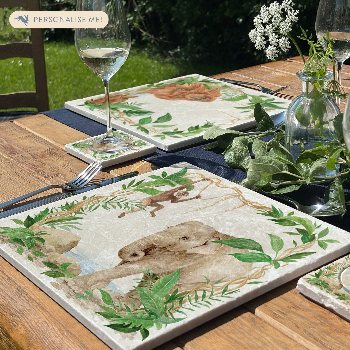 Welcoming our Rainforest Design, surrounded by the rainforest leaves and vines. Our Elephant and Gibbon swinging from the vines. Illustrated in Large Serving Platter. 