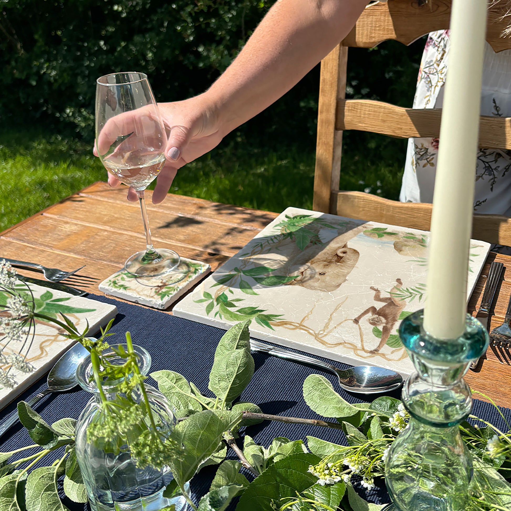 Welcoming our Rainforest Design, surrounded by the rainforest leaves and vines. Our Elephant and Gibbon swinging from the vines. Illustrated in our  original watercolour designs in our Large Serving Platter. 