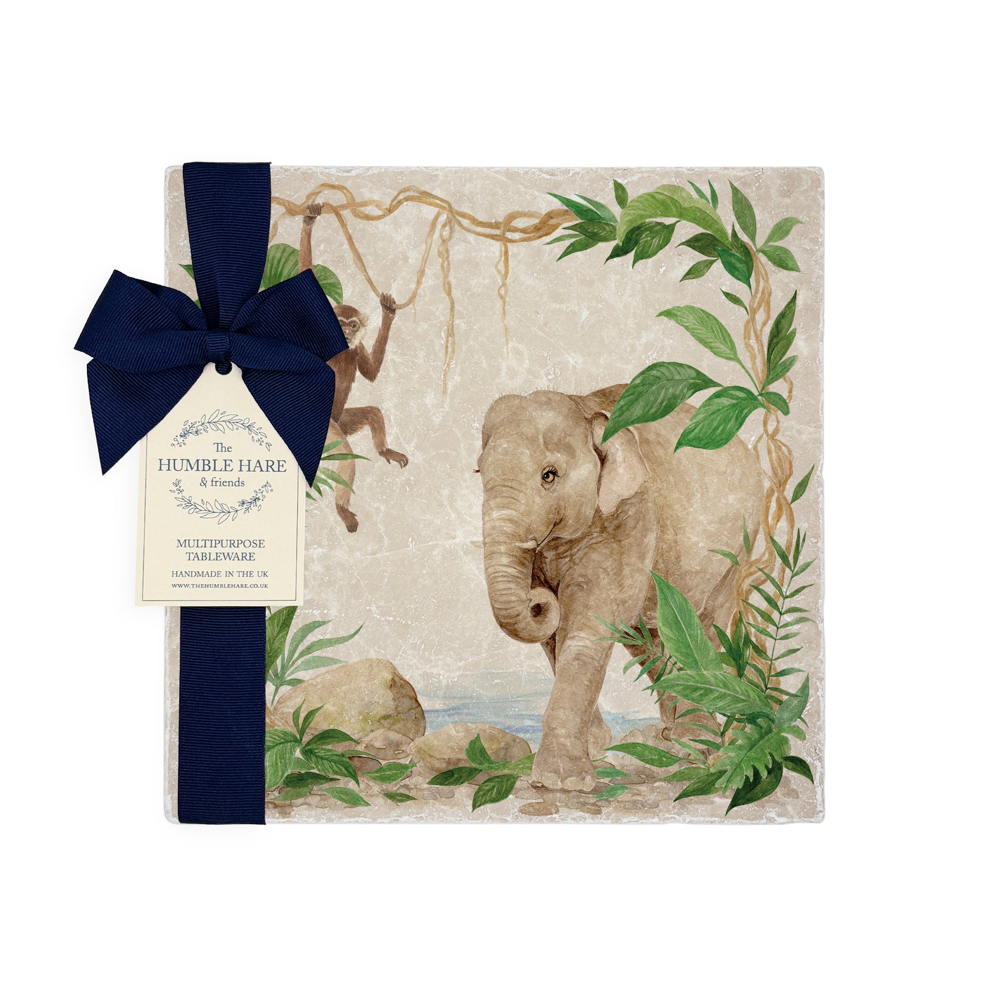 Welcoming our Rainforest Design, surrounded by the rainforest leaves and vines. Our Elephant and Gibbon swinging from the vines. Illustrated in our  original watercolour designs in our Medium Serving Platter. 