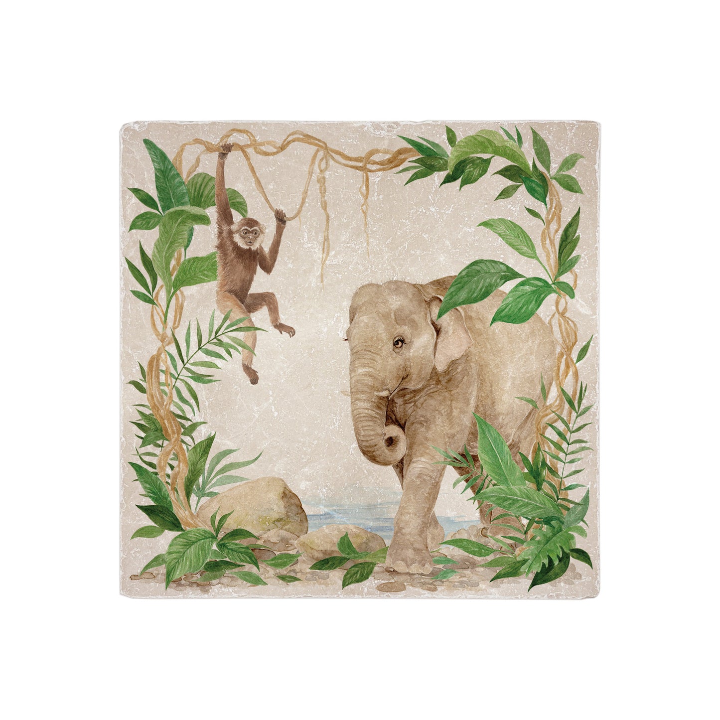 Welcoming our Rainforest Design, surrounded by the rainforest leaves and vines. Our Elephant and Gibbon swinging from the vines. Illustrated in our  original watercolour designs in our Medium Serving Platter. 