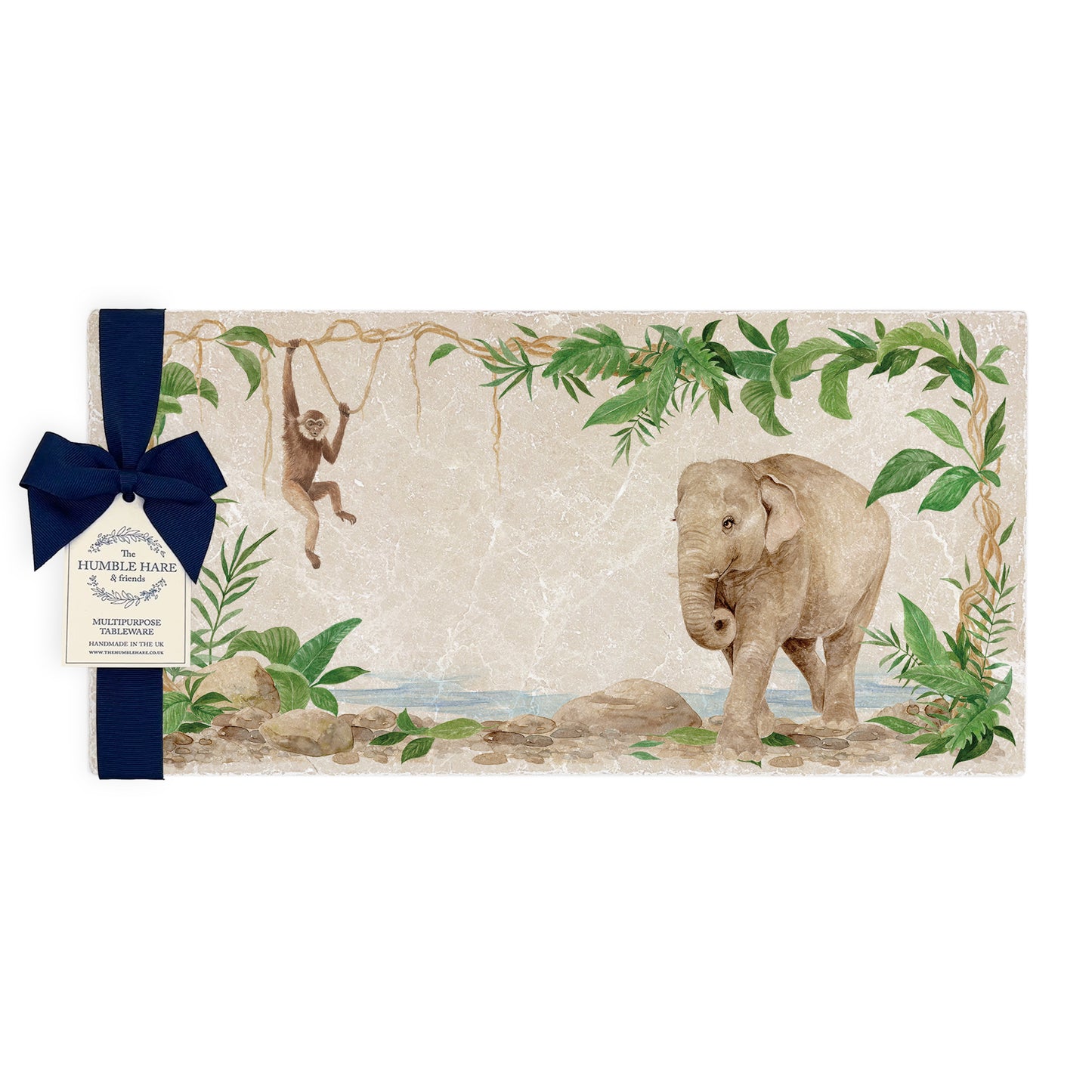 Welcoming our Rainforest Design, surrounded by the rainforest leaves and vines. Our Elephant and Gibbon swinging from the vines. Illustrated in our  original watercolour designs in our Sharing Serving Platter. 