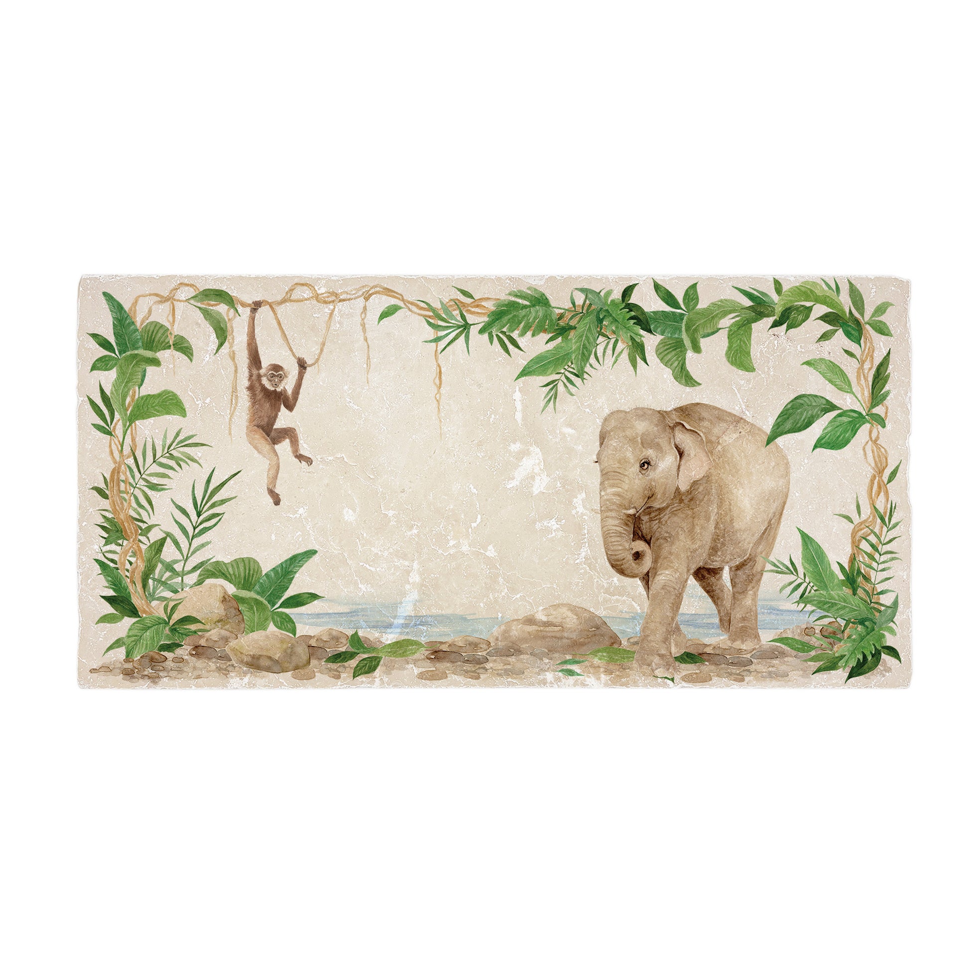 Welcoming our Rainforest Design, surrounded by the rainforest leaves and vines. Our Elephant and Gibbon swinging from the vines. Illustrated in our  original watercolour designs in our Sharing Serving Platter. 