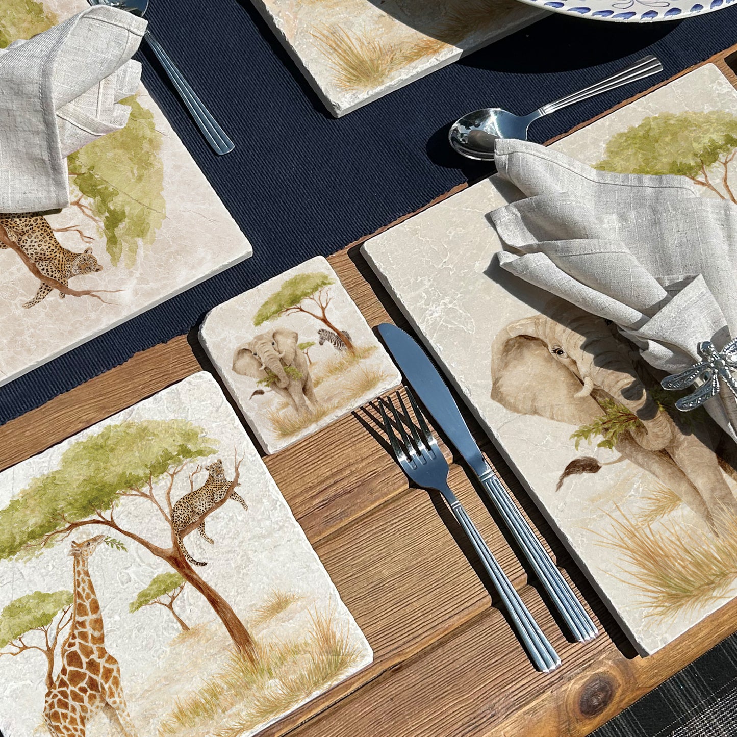 The Savannah Collectors set is perfect for the safari lover, featuring beautiful watercolour designs on our much loved marble platters and coasters. You can find and Elephant, Zebra here on this beautiful marble coasters