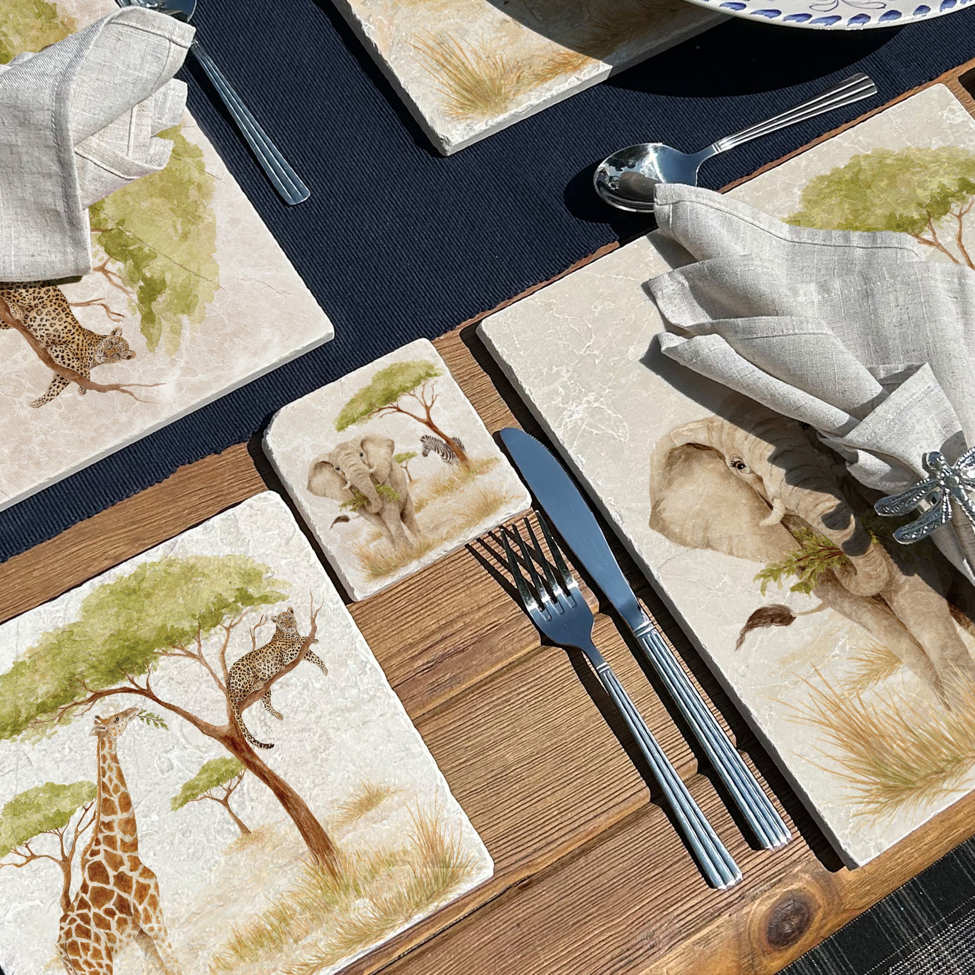 The Savannah Collectors set is perfect for the safari lover, featuring beautiful watercolour designs on our much loved marble platters and coasters. You can find and Elephant, Zebra here on this beautiful marble coasters