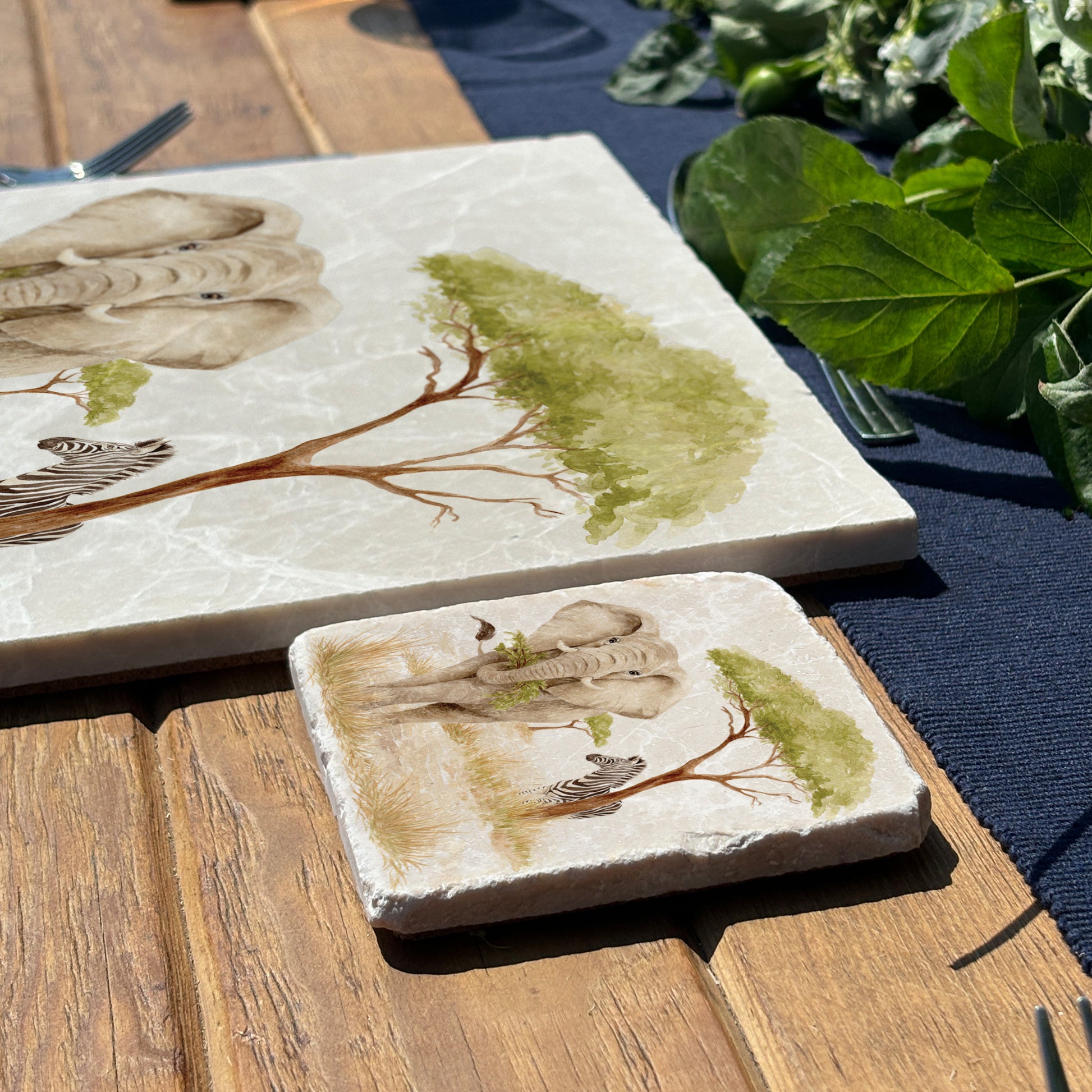 The Savannah Collectors set is perfect for the safari lover, featuring beautiful watercolour designs on our much loved marble platters and coasters. You can find and Elephant, Zebra here on this beautiful marble coasters