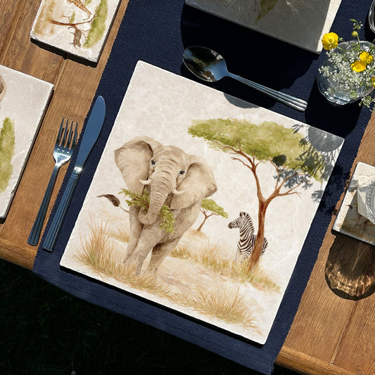 The Savannah Collectors set is perfect for the safari lover, featuring beautiful watercolour designs on our much loved marble platters and coasters. You can find and Elephant, Zebra here on this beautiful marble Large platter
