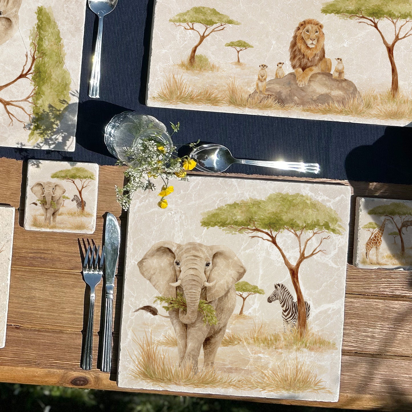 The Savannah Collectors set is perfect for the safari lover, featuring beautiful watercolour designs on our much loved marble platters and coasters. You can find and Elephant, Zebra here on this beautiful marble Large platter