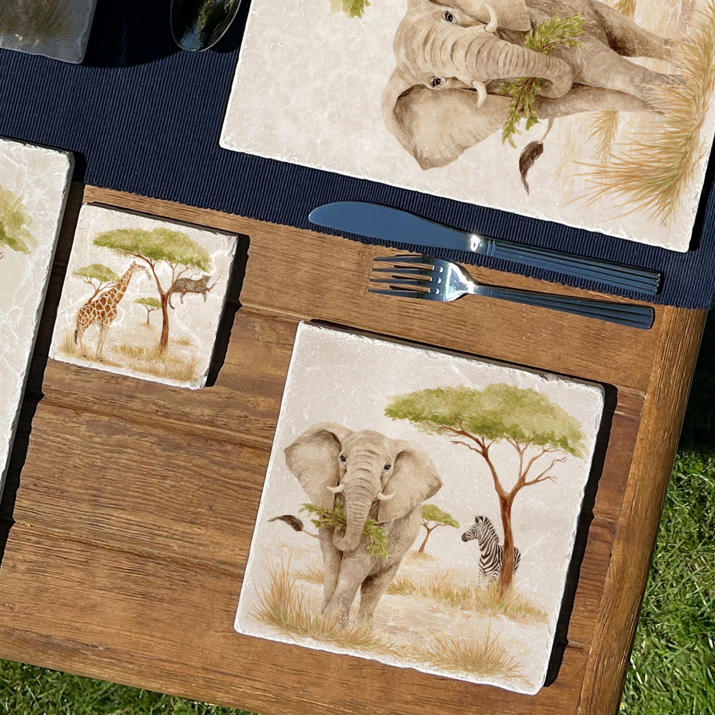 The Savannah Collectors set is perfect for the safari lover, featuring beautiful watercolour designs on our much loved marble platters and coasters. You can find and Elephant, Zebra here on this beautiful marble Medium platter