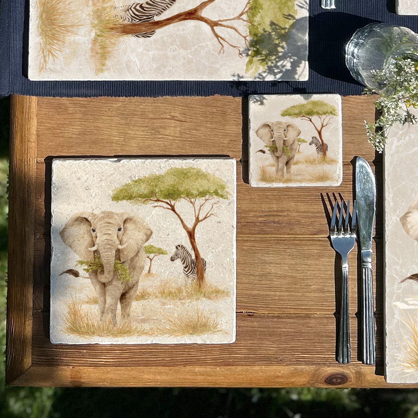 The Savannah Collectors set is perfect for the safari lover, featuring beautiful watercolour designs on our much loved marble platters and coasters. You can find and Elephant, Zebra here on this beautiful marble Medium platter