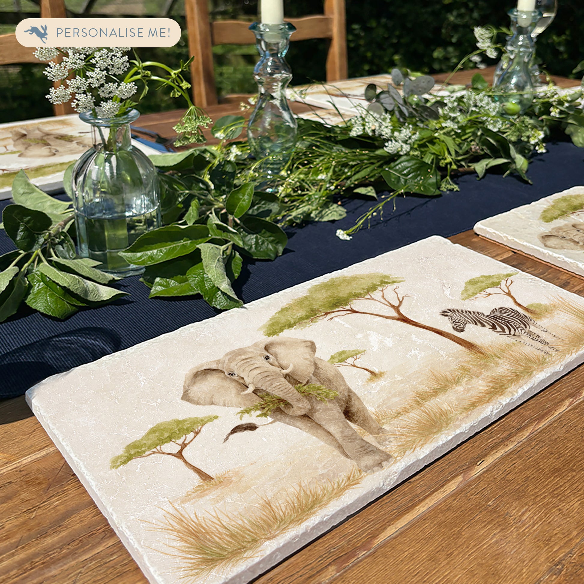 The Savannah Collectors set is perfect for the safari lover, featuring beautiful watercolour designs on our much loved marble platters and coasters. You can find and Elephant, Zebra here on this beautiful marble sharing platter