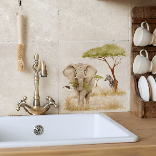 Watercolour Elephant taking a snack whilst the Zebra hides out of sight. Safari kitchen tile decoration