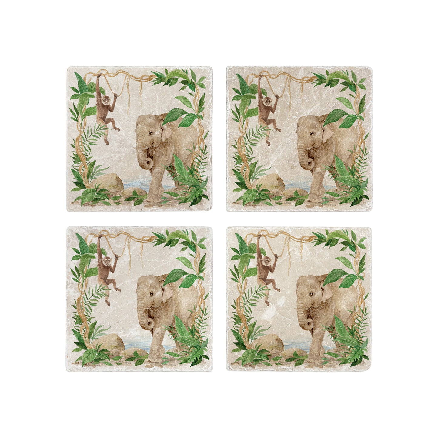 Welcoming our Rainforest Design, surrounded by the rainforest leaves and vines. Our Elephant and Gibbon swinging from the vines. Illustrated in our  original watercolour designs in a set of 4 coasters.  