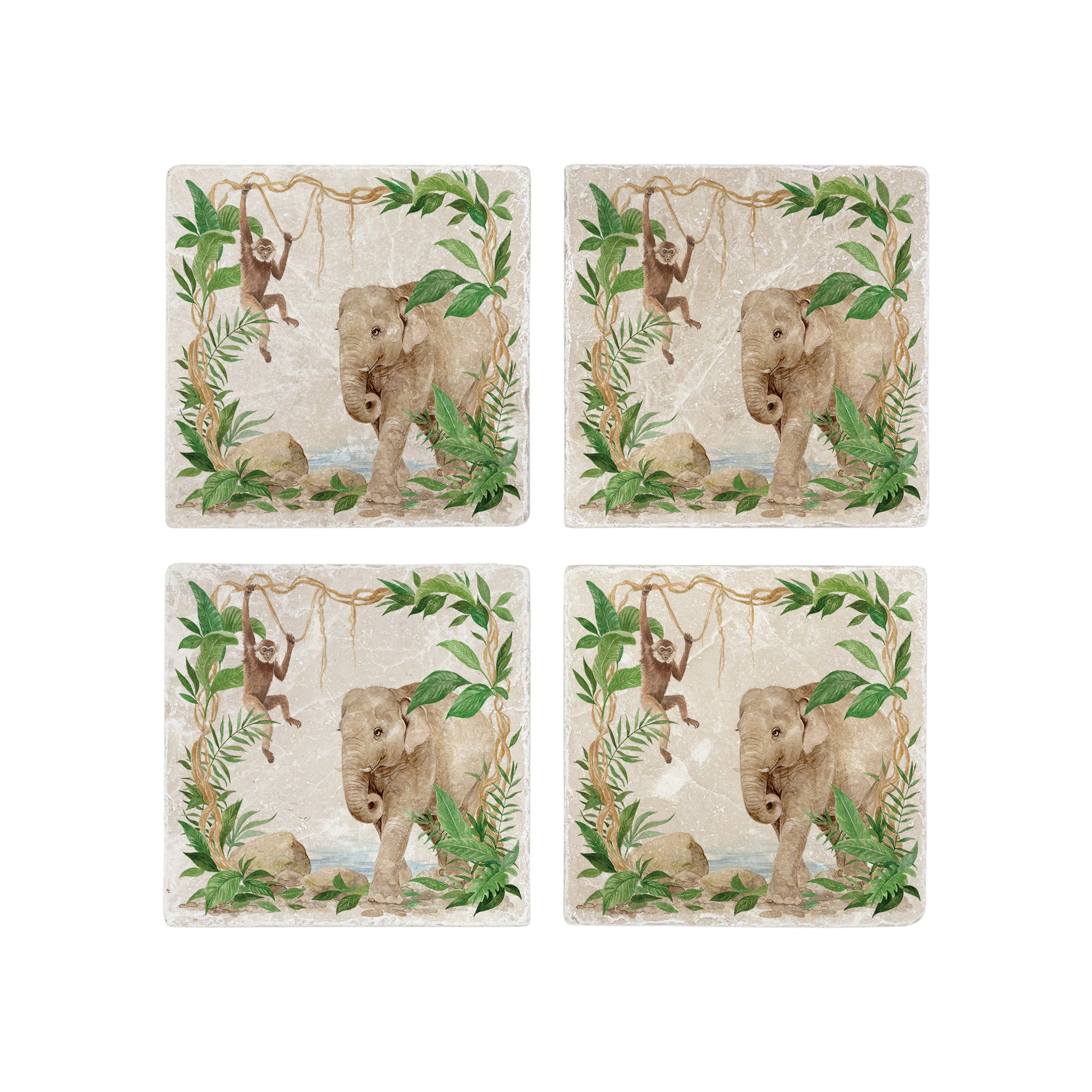 Welcoming our Rainforest Design, surrounded by the rainforest leaves and vines. Our Elephant and Gibbon swinging from the vines. Illustrated in our  original watercolour designs in a set of 4 coasters.  