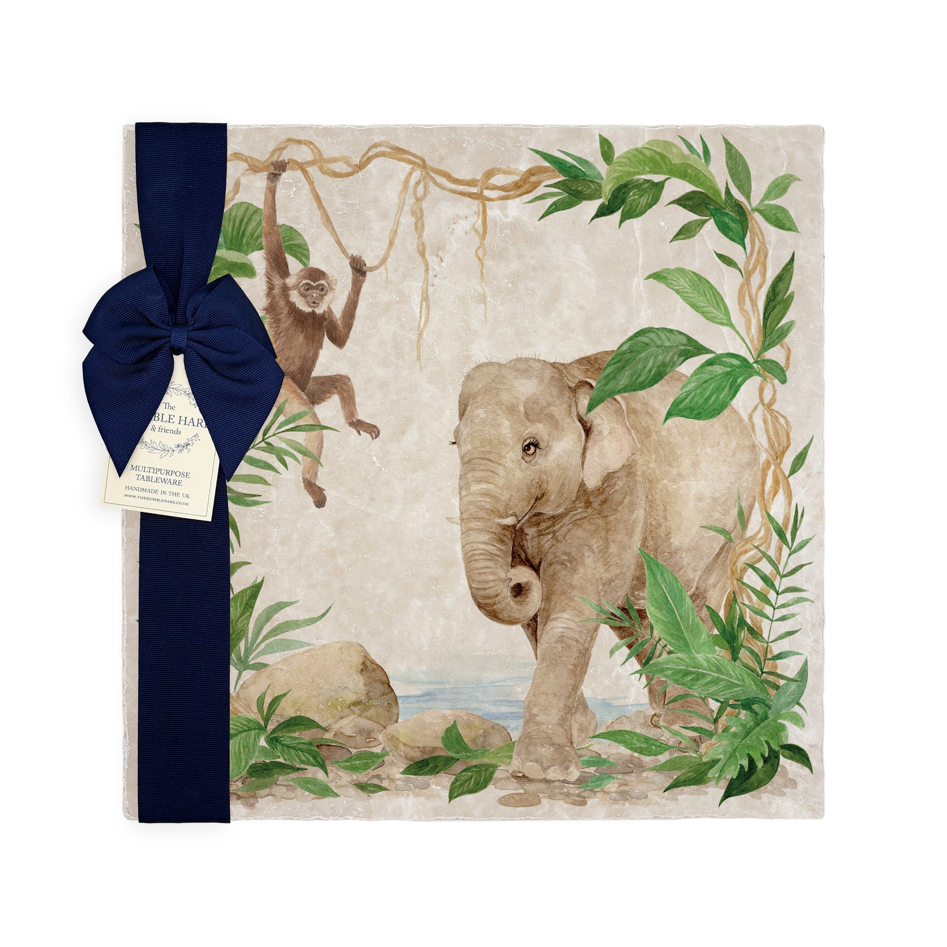 Welcoming our Rainforest Design, surrounded by the rainforest leaves and vines. Our Elephant and Gibbon swinging from the vines. Illustrated in our  original watercolour designs in our Large Serving Platter. 