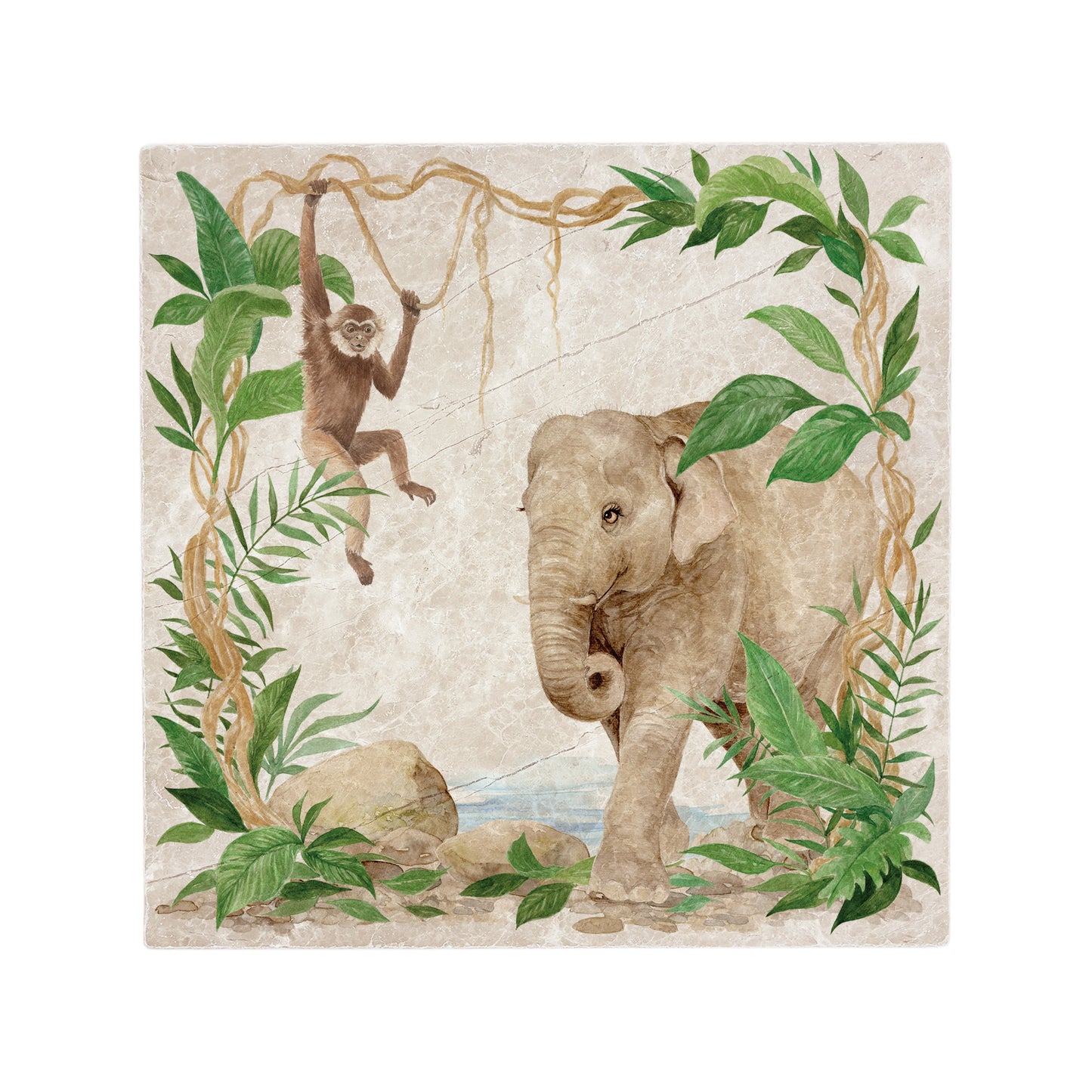 Welcoming our Rainforest Design, surrounded by the rainforest leaves and vines. Our Elephant and Gibbon swinging from the vines. Illustrated in our  original watercolour designs in our Large Serving Platter. 