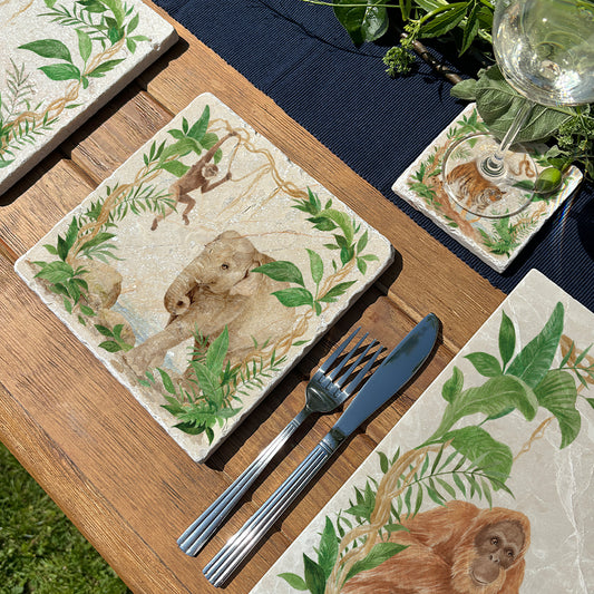 Welcoming our Rainforest Design, surrounded by the rainforest leaves and vines. Our Elephant and Gibbon swinging from the vines. Illustrated in our  original watercolour designs in our Medium Serving Platter. 