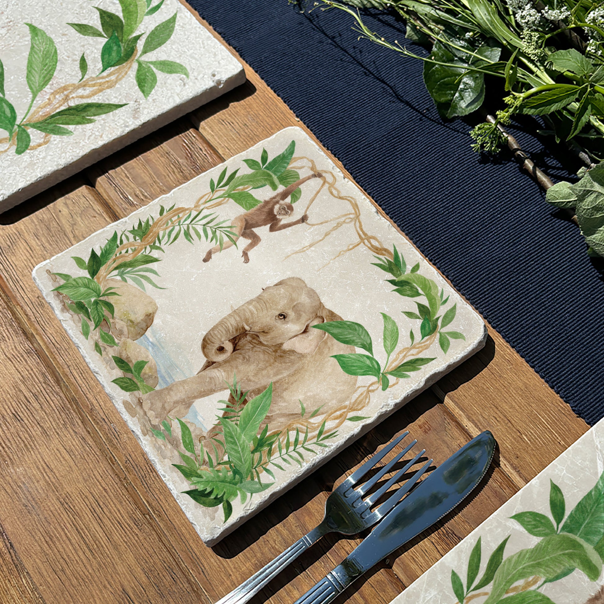 Welcoming our Rainforest Design, surrounded by the rainforest leaves and vines. Our Elephant and Gibbon swinging from the vines. Illustrated in our  original watercolour designs in our Medium Serving Platter. 