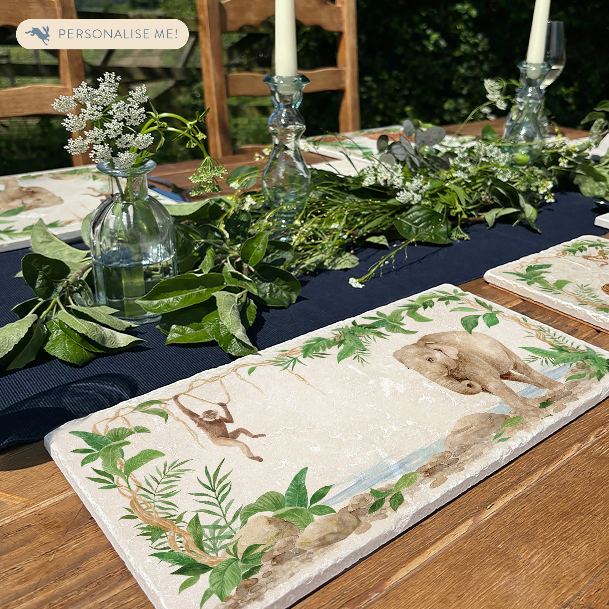 Welcoming our Rainforest Design, surrounded by the rainforest leaves and vines. Our Elephant and Gibbon swinging from the vines. Illustrated in our  original watercolour designs in our Sharing Serving Platter. 