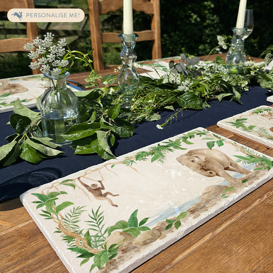 Welcoming our Rainforest Design, surrounded by the rainforest leaves and vines. Our Elephant and Gibbon swinging from the vines. Illustrated in our  original watercolour designs in our Sharing Serving Platter. 