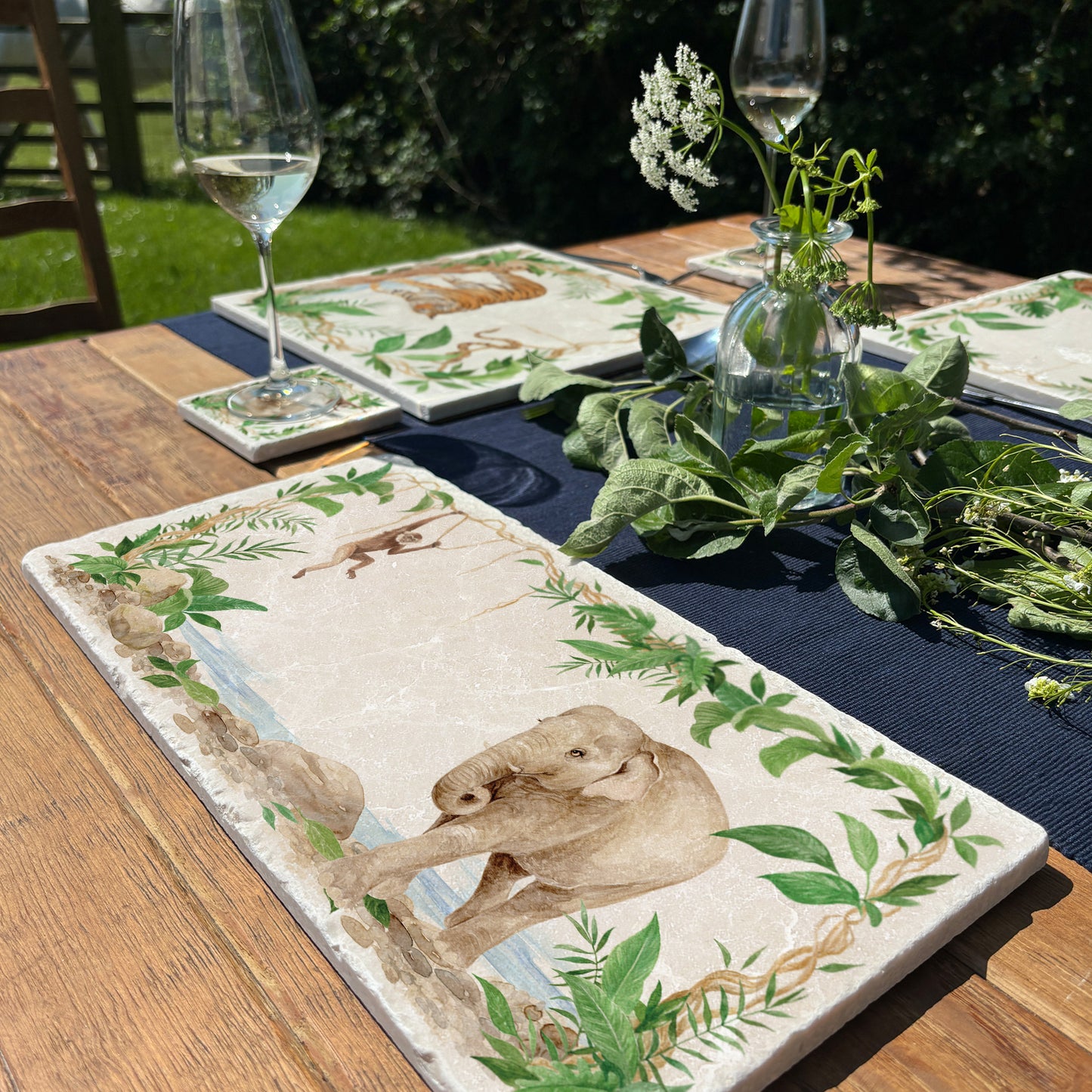 Welcoming our Rainforest Design, surrounded by the rainforest leaves and vines. Our Elephant and Gibbon swinging from the vines. Illustrated in our  original watercolour designs in our Sharing Serving Platter. 