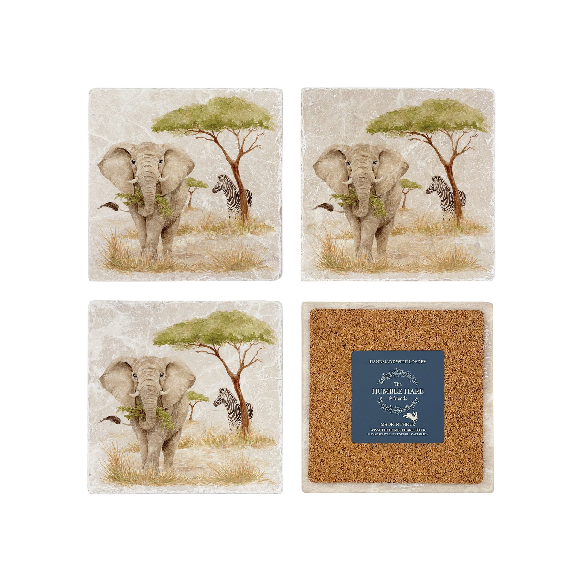 The Savannah Collectors set is perfect for the safari lover, featuring beautiful watercolour designs on our much loved marble platters and coasters. You can find and Elephant, Zebra here on this beautiful marble coasters