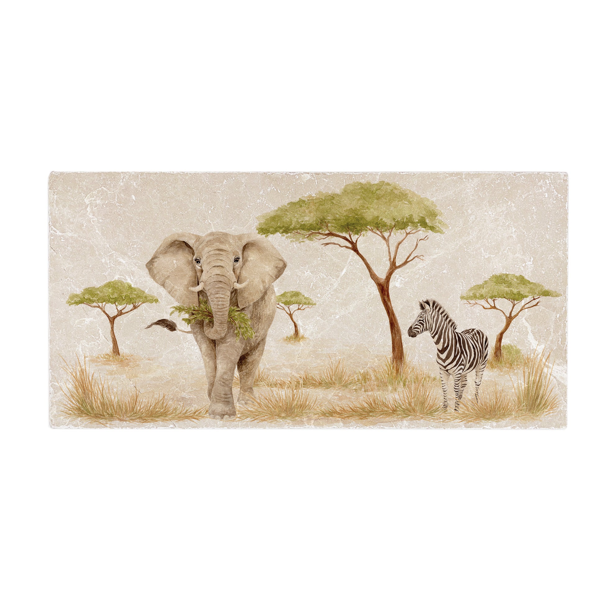 Watercolour Elephant taking a snack whilst the Zebra hides out of sight