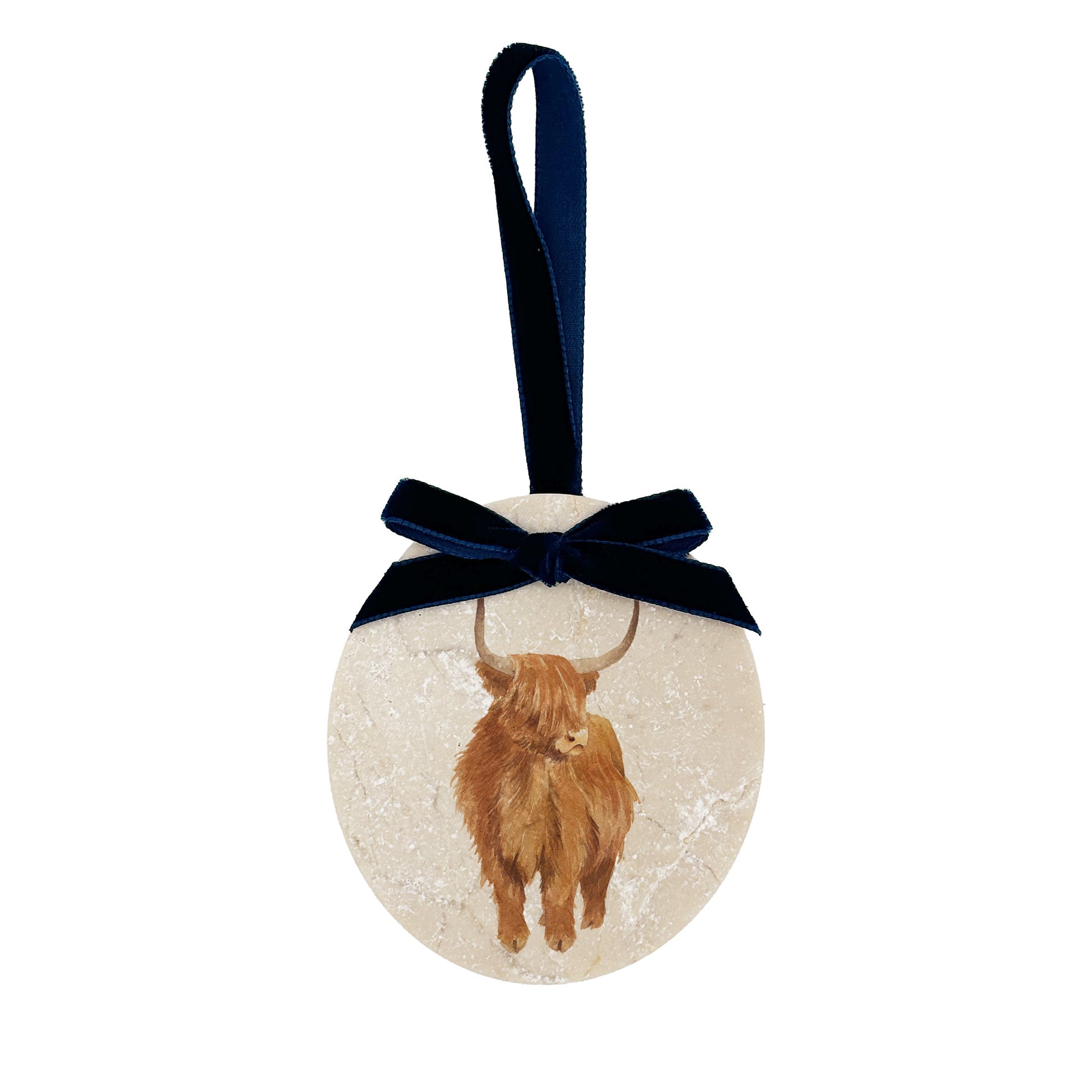 An oval marble bauble featuring a watercolour Highland Cow, with the option to add personalised text and a Santa hat. The bauble is finished with a velvet ribbon.