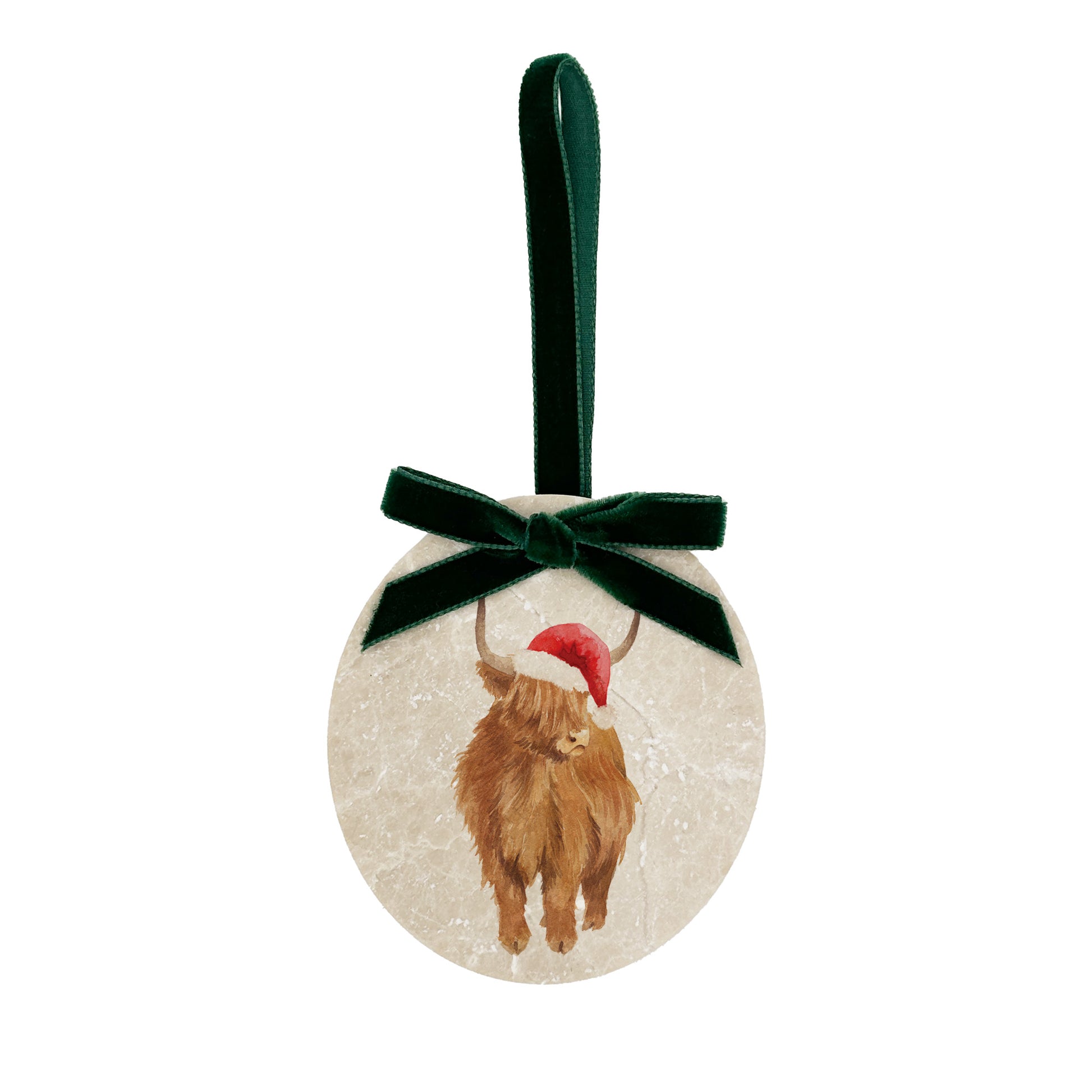 An oval marble bauble featuring a watercolour Highland Cow, with the option to add personalised text and a Santa hat. The bauble is finished with a velvet ribbon.