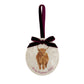 An oval marble bauble featuring a watercolour Highland Cow, personalised with your choice of text to create a Christmas decoration unique to you! The bauble is finished with a velvet ribbon.