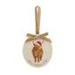 An oval marble bauble featuring a watercolour Highland Cow, personalised with your choice of text to create a Christmas decoration unique to you! The bauble is finished with a velvet ribbon.