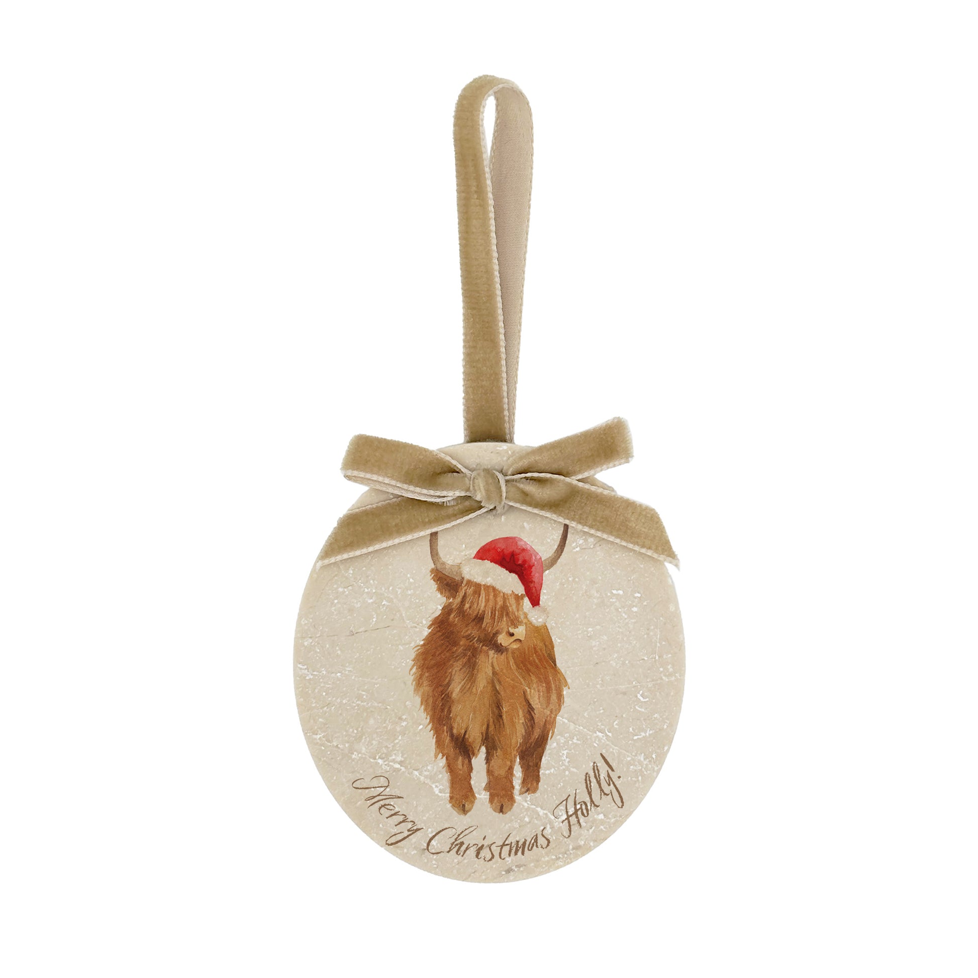 An oval marble bauble featuring a watercolour Highland Cow, personalised with your choice of text to create a Christmas decoration unique to you! The bauble is finished with a velvet ribbon.