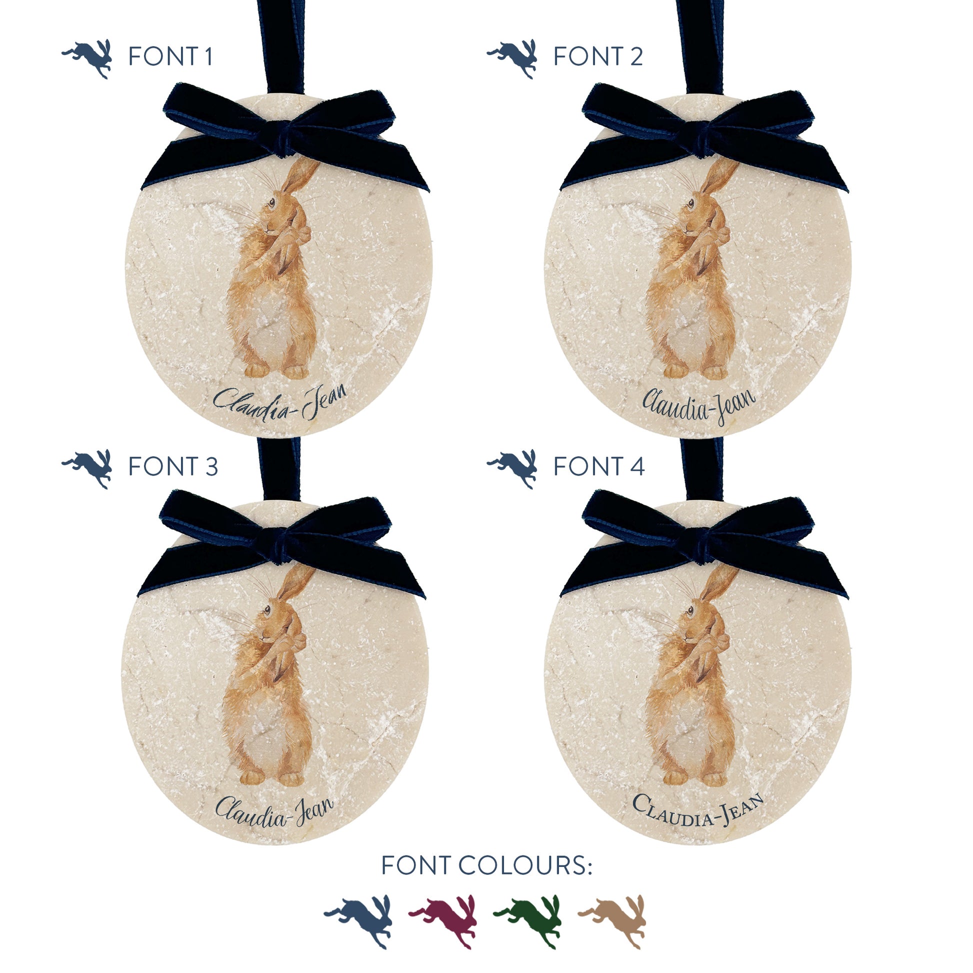 Four personalised oval shaped marble baubles showing a selection of font options. Choose from four beautiful fonts to create a custom Christmas decoration unique to you!