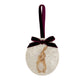 An oval marble bauble featuring a watercolour hare, with the option to add personalised text and a Santa hat. The bauble is finished with a velvet ribbon.