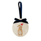 An oval marble bauble featuring a watercolour hare, with the option to add personalised text and a Santa hat. The bauble is finished with a velvet ribbon.