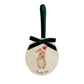 An oval marble bauble featuring a watercolour hare, personalised with your choice of text to create a Christmas decoration unique to you! The bauble is finished with a velvet ribbon.