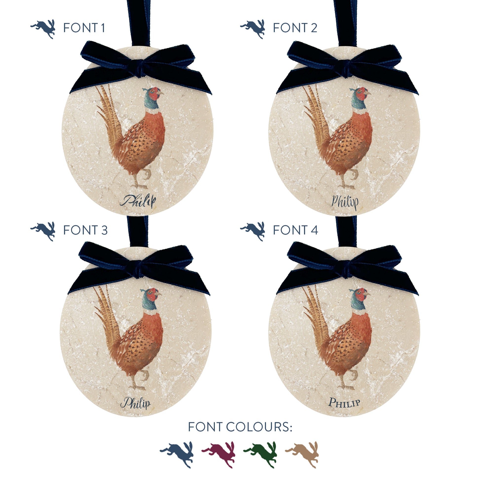 Four personalised oval shaped marble baubles showing a selection of font options. Choose from four beautiful fonts to create a custom Christmas decoration unique to you!