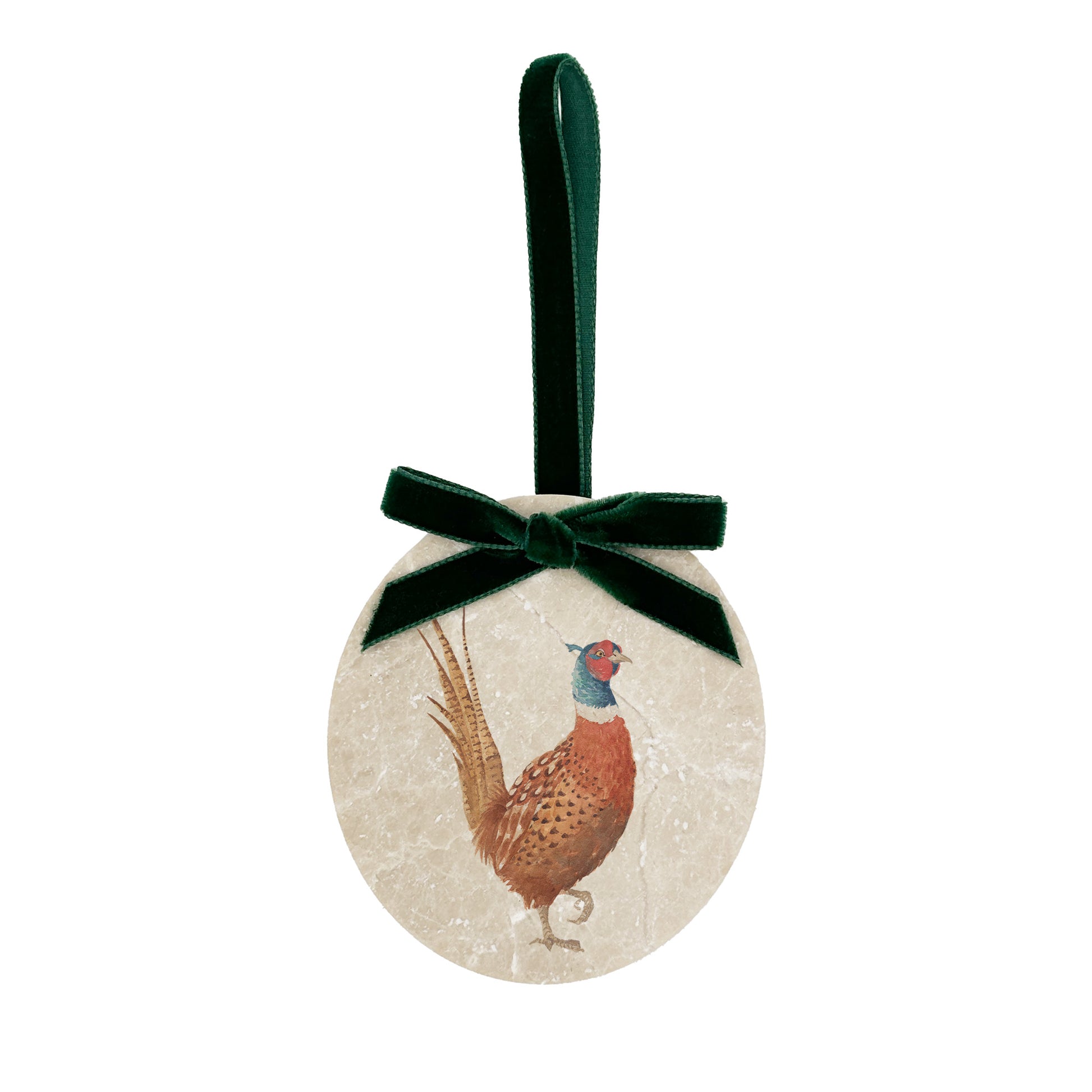 An oval marble bauble featuring a watercolour pheasant, with the option to add personalised text and a Santa hat. The bauble is finished with a velvet ribbon.