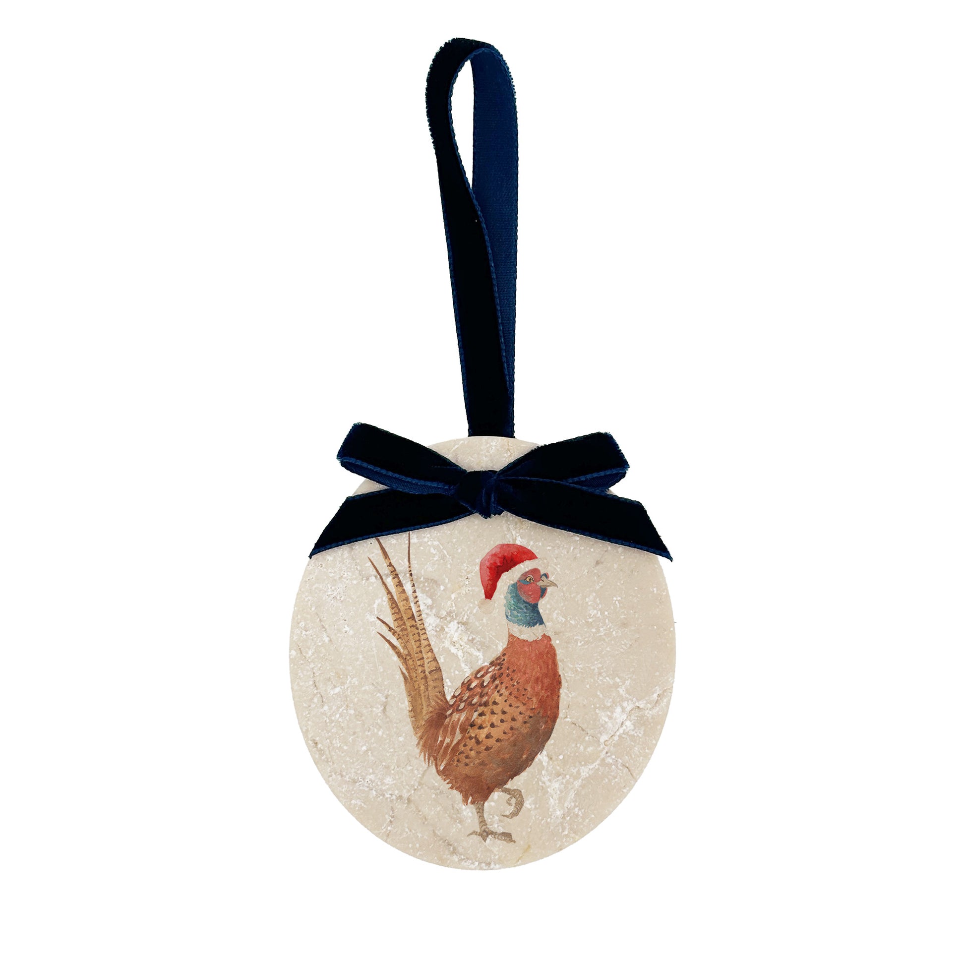 An oval marble bauble featuring a watercolour pheasant, with the option to add personalised text and a Santa hat. The bauble is finished with a velvet ribbon.