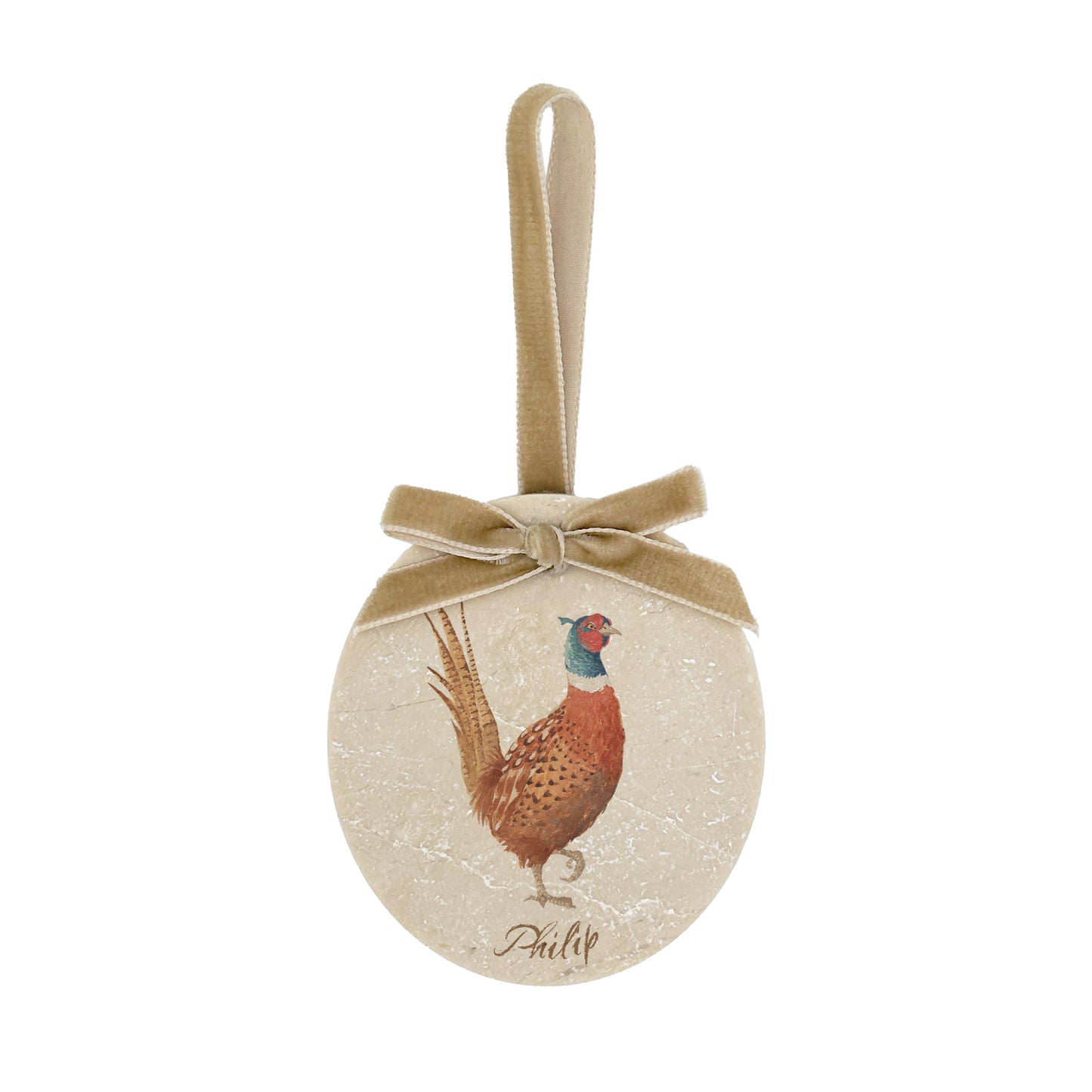 An oval marble bauble featuring a watercolour pheasant, personalised with your choice of text to create a Christmas decoration unique to you! The bauble is finished with a velvet ribbon.